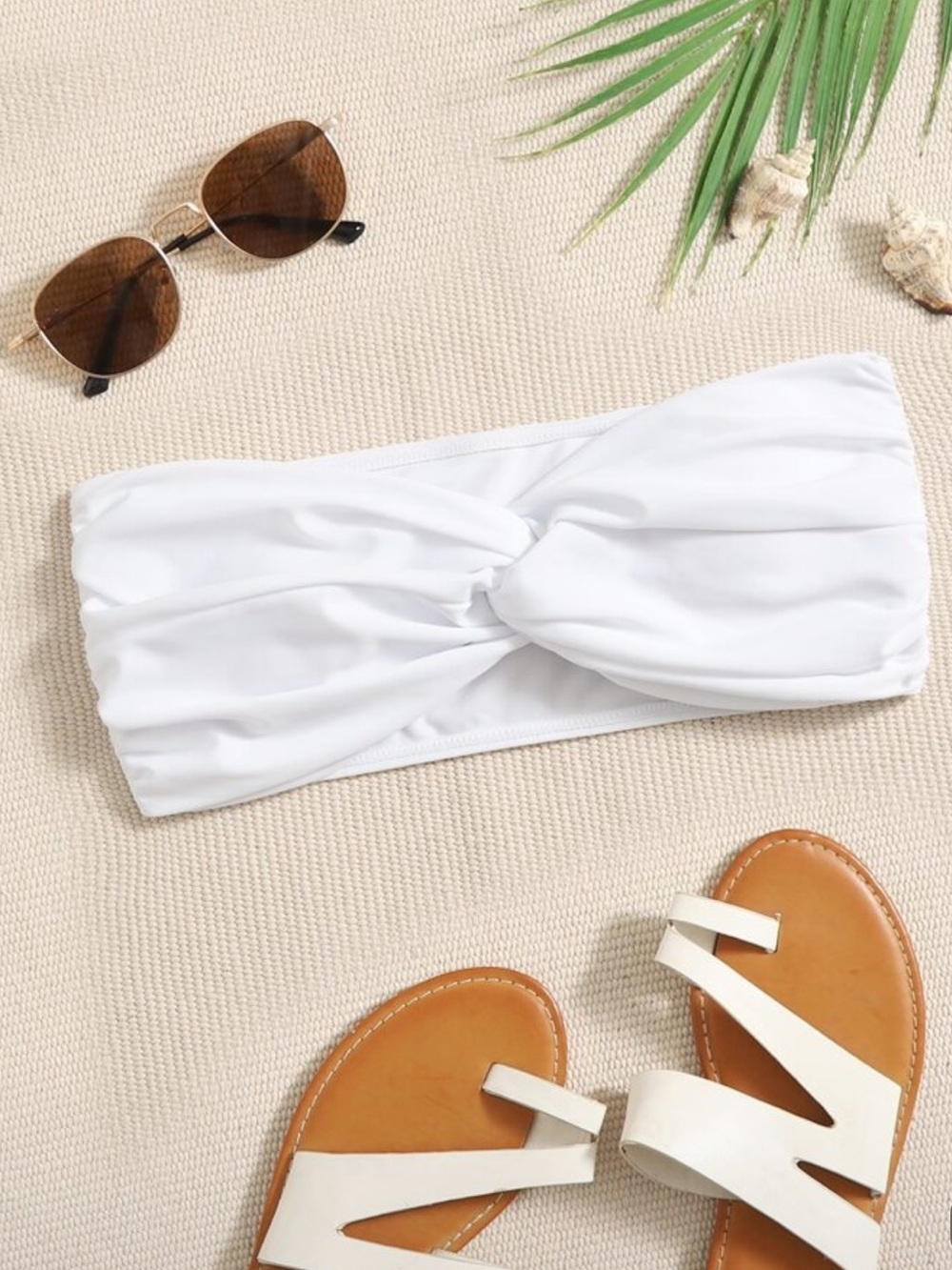 SHEIN White Twist Front Bandeau Bikini Top